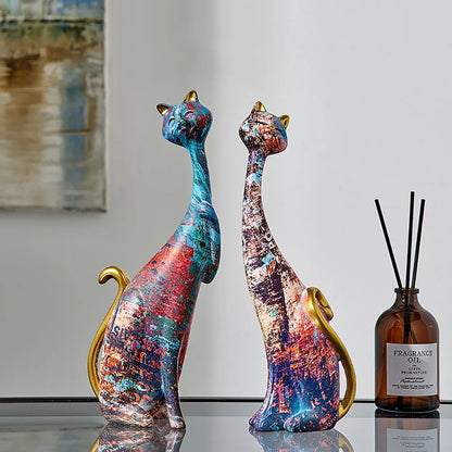 NNEOBA European Style 2pcs Oil Painting Cat Statues Animal Modern Sculpture Room Decoration Accessories Sculptures for Home Design Gift-2