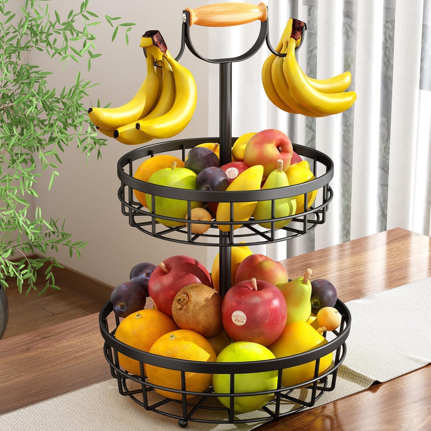 NNEDSZ 2-Tier Fruit Basket Bowl Storage with Wood Lift Handle and Dual Banana Tree Hanger for Kitchen Countertop-0