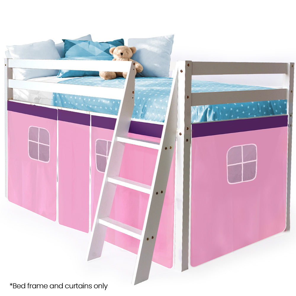 NNEDSZ Kingston Slumber Wooden Kids Single Loft Bed Frame - Hiding Space Underneath with Interchangeable Pink and Blue Curtains-0