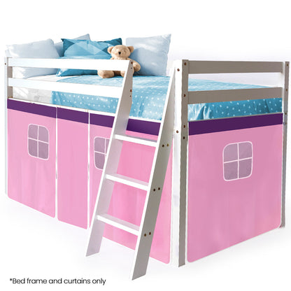 NNEDSZ Kingston Slumber Wooden Kids Single Loft Bed Frame - Hiding Space Underneath with Interchangeable Pink and Blue Curtains-0