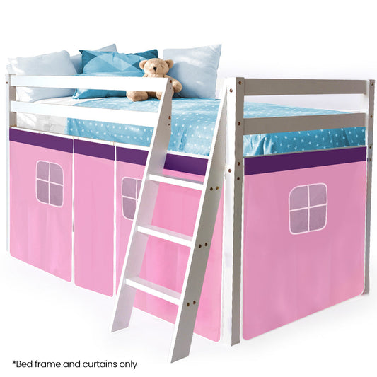 NNEDSZ Kingston Slumber Wooden Kids Single Loft Bed Frame - Hiding Space Underneath with Interchangeable Pink and Blue Curtains-0