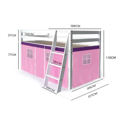 NNEDSZ Kingston Slumber Wooden Kids Single Loft Bed Frame - Hiding Space Underneath with Interchangeable Pink and Blue Curtains-1