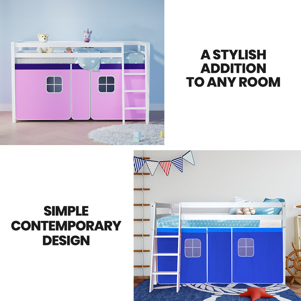 NNEDSZ Kingston Slumber Wooden Kids Single Loft Bed Frame - Hiding Space Underneath with Interchangeable Pink and Blue Curtains-2