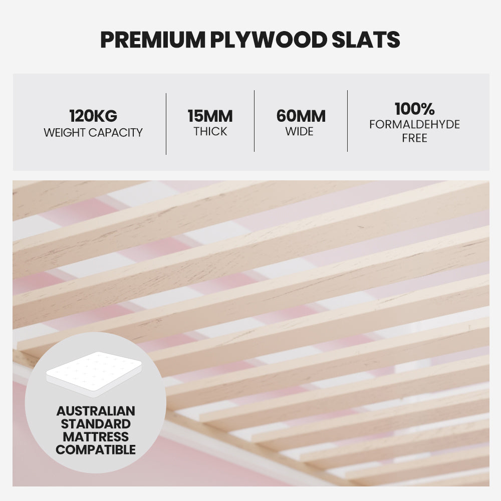 NNEDSZ Kingston Slumber Wooden Kids Single Loft Bed Frame - Hiding Space Underneath with Interchangeable Pink and Blue Curtains-3