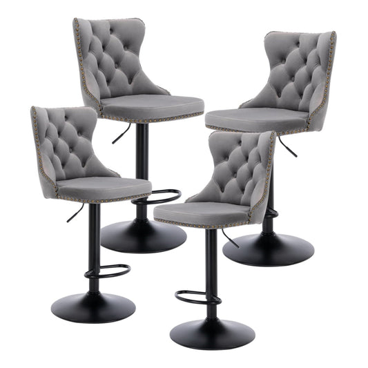 NNEDSZ 4x Height Adjustable Swivel Bar Stool Velvet Nailhead Barstool with Footrest-0