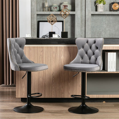 NNEDSZ 4x Height Adjustable Swivel Bar Stool Velvet Nailhead Barstool with Footrest-1