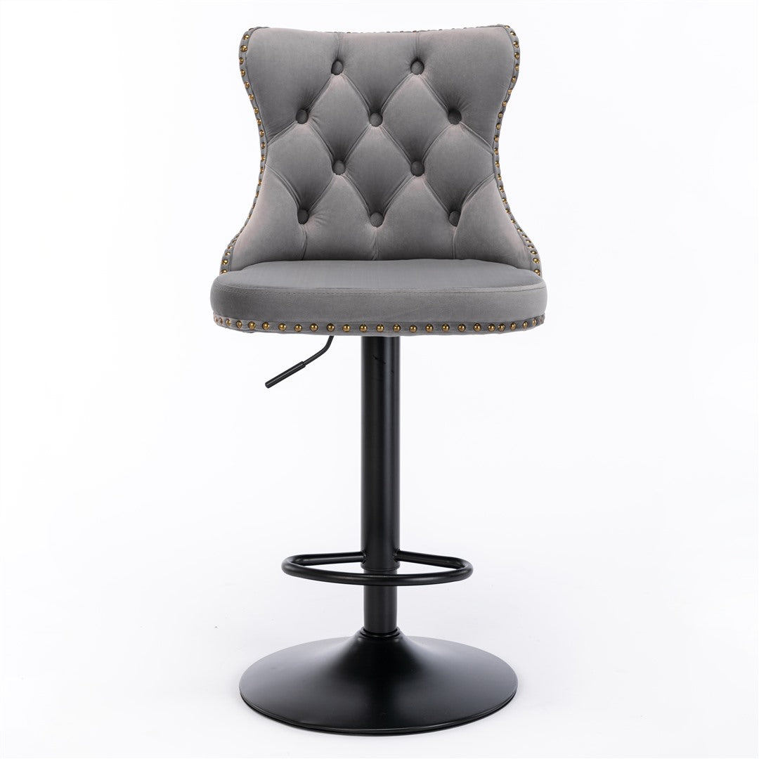 NNEDSZ 4x Height Adjustable Swivel Bar Stool Velvet Nailhead Barstool with Footrest-2