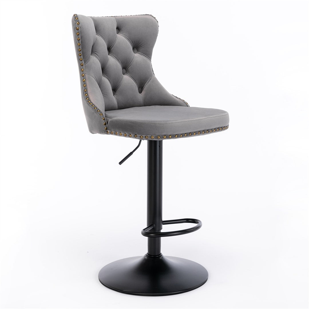 NNEDSZ 4x Height Adjustable Swivel Bar Stool Velvet Nailhead Barstool with Footrest-3