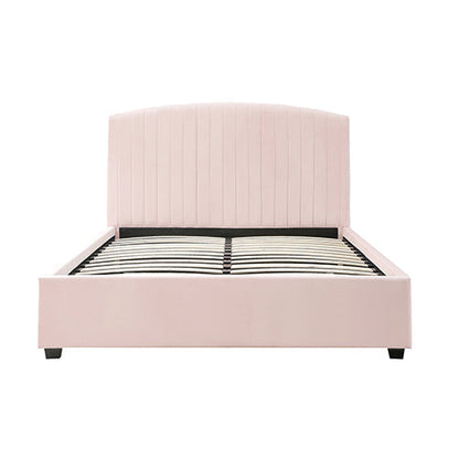 NNEDSZ Camelia King Single Size Bed Frame Pink Velvet Upholstery High Headboard Quality Slats Metal Structure-3