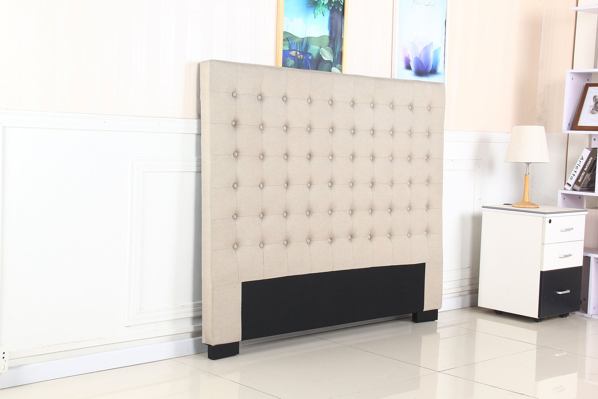 NNEDSZ Bed Head Queen Beige Headboard Upholstery Fabric Tufted Buttons-2