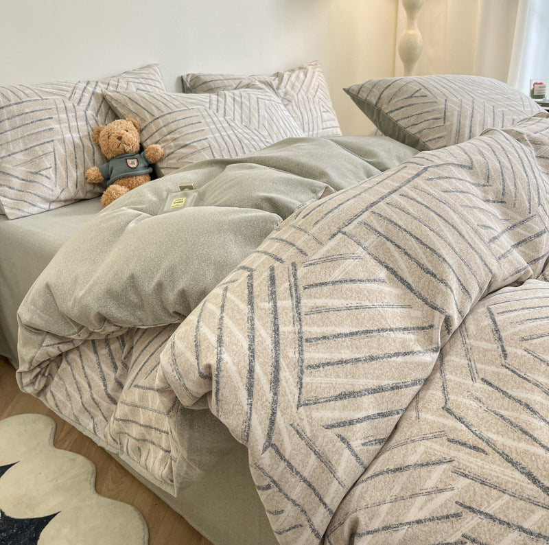 NNEDSZ Pinstripe Thick Brushed Cotton 4-Piece Bed Sheet Set (1.5m Bed) - Fits 200x230cm Duvet