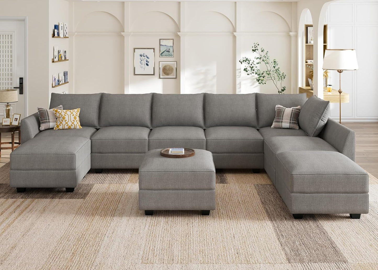 Oversized Modular Sectional Sofa with Storage Seats Reversible Sectional Couch with Ottomans U Shaped Modular Sectional Couch for Living Room, Grey-0