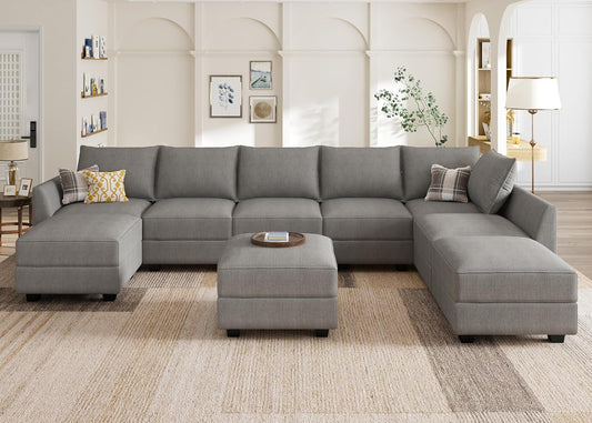 Oversized Modular Sectional Sofa with Storage Seats Reversible Sectional Couch with Ottomans U Shaped Modular Sectional Couch for Living Room, Grey-0