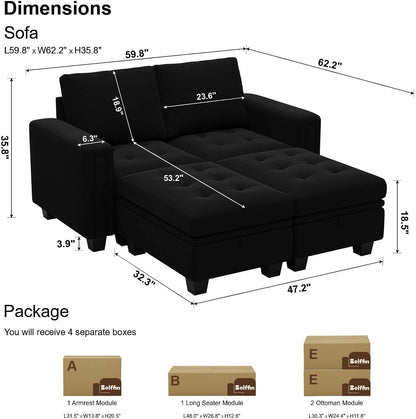 Velvet Modular Sectional Sofa Couch with Storage Convertible Sectional Sleeper Sofa Couch Bed Set with Reversible Chaise Black-1