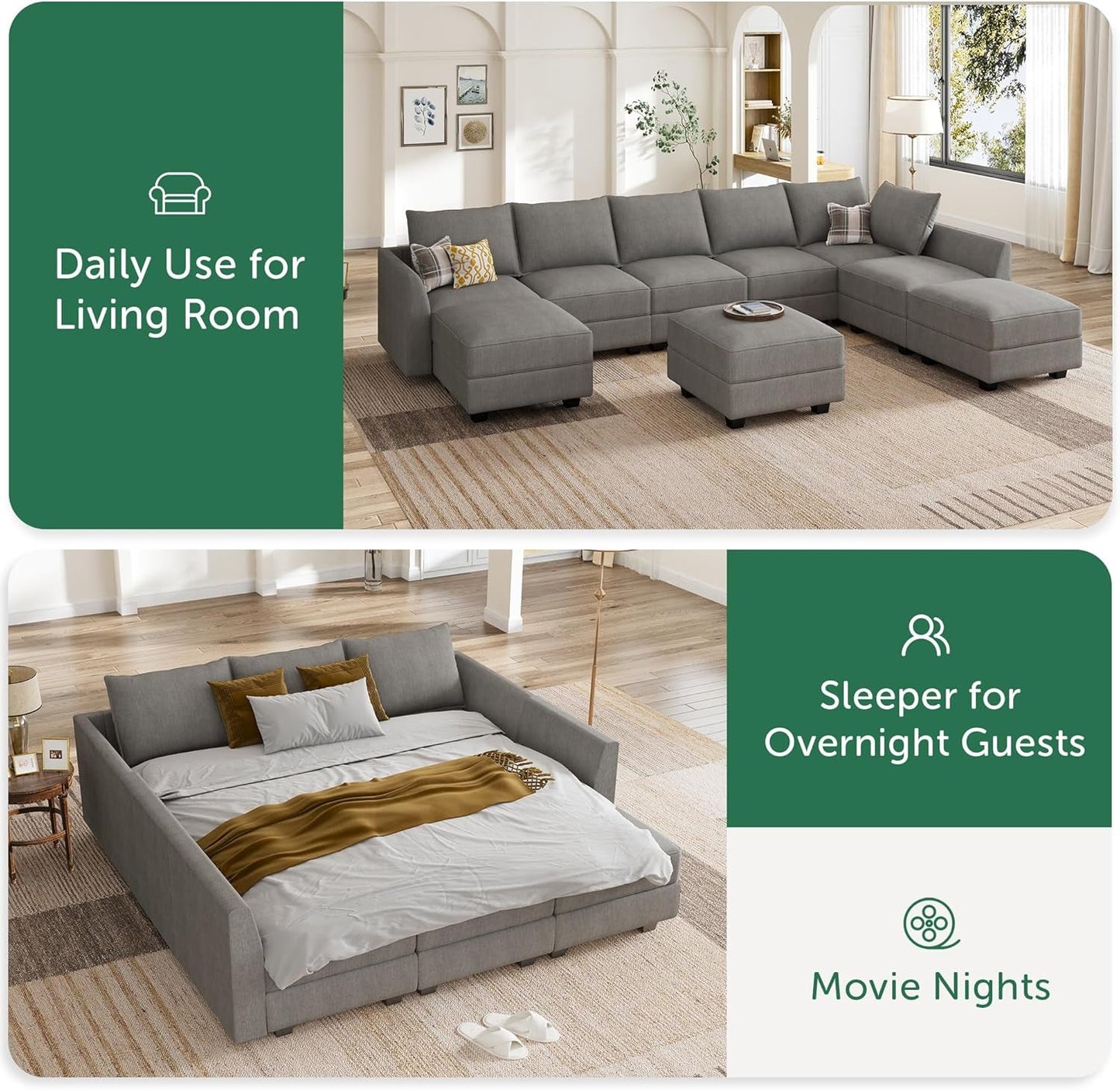 Oversized Modular Sectional Sofa with Storage Seats Reversible Sectional Couch with Ottomans U Shaped Modular Sectional Couch for Living Room, Grey-4