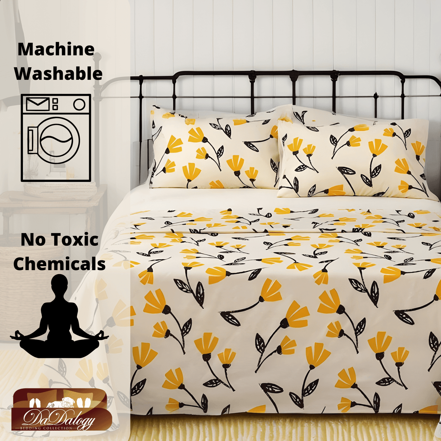 DaDa Bedding Yellow Fleur Golden Orange Floral Ivory Fitted & Flat Bed Sheets Set (18112)-2
