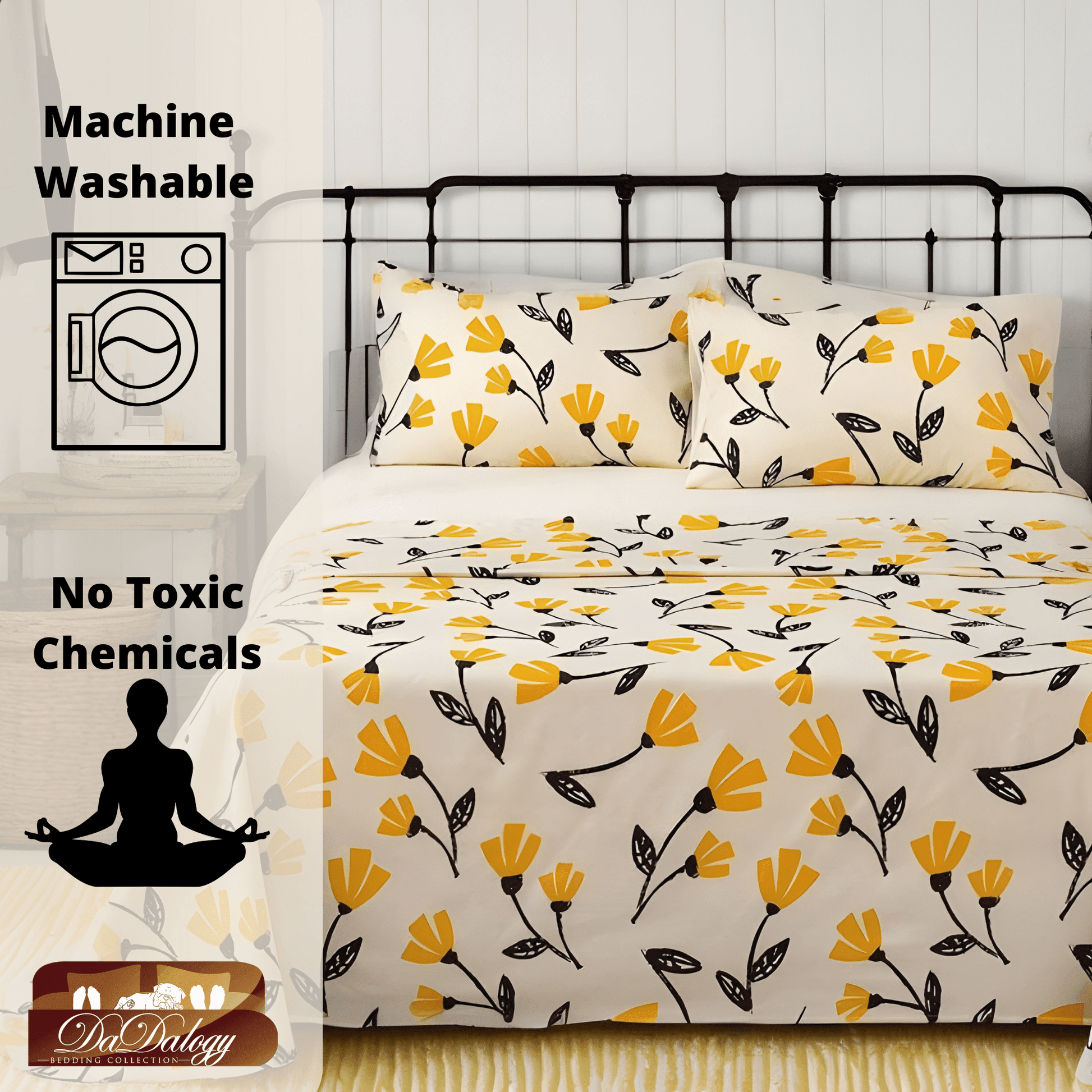 DaDa Bedding Yellow Fleur Golden Orange Floral Ivory Fitted & Flat Bed Sheets Set (18112)-2