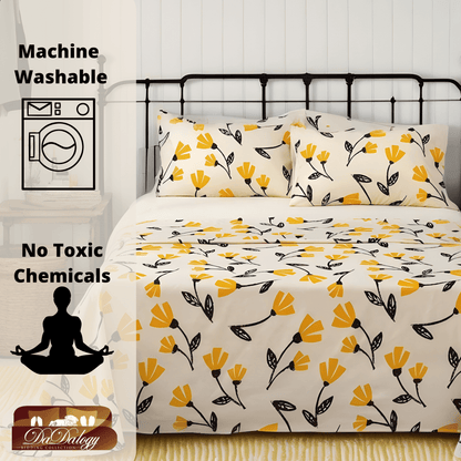 DaDa Bedding Yellow Fleur Golden Orange Floral Ivory Fitted & Flat Bed Sheets Set (18112)-2