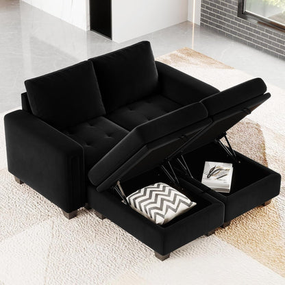 Velvet Modular Sectional Sofa Couch with Storage Convertible Sectional Sleeper Sofa Couch Bed Set with Reversible Chaise Black-3