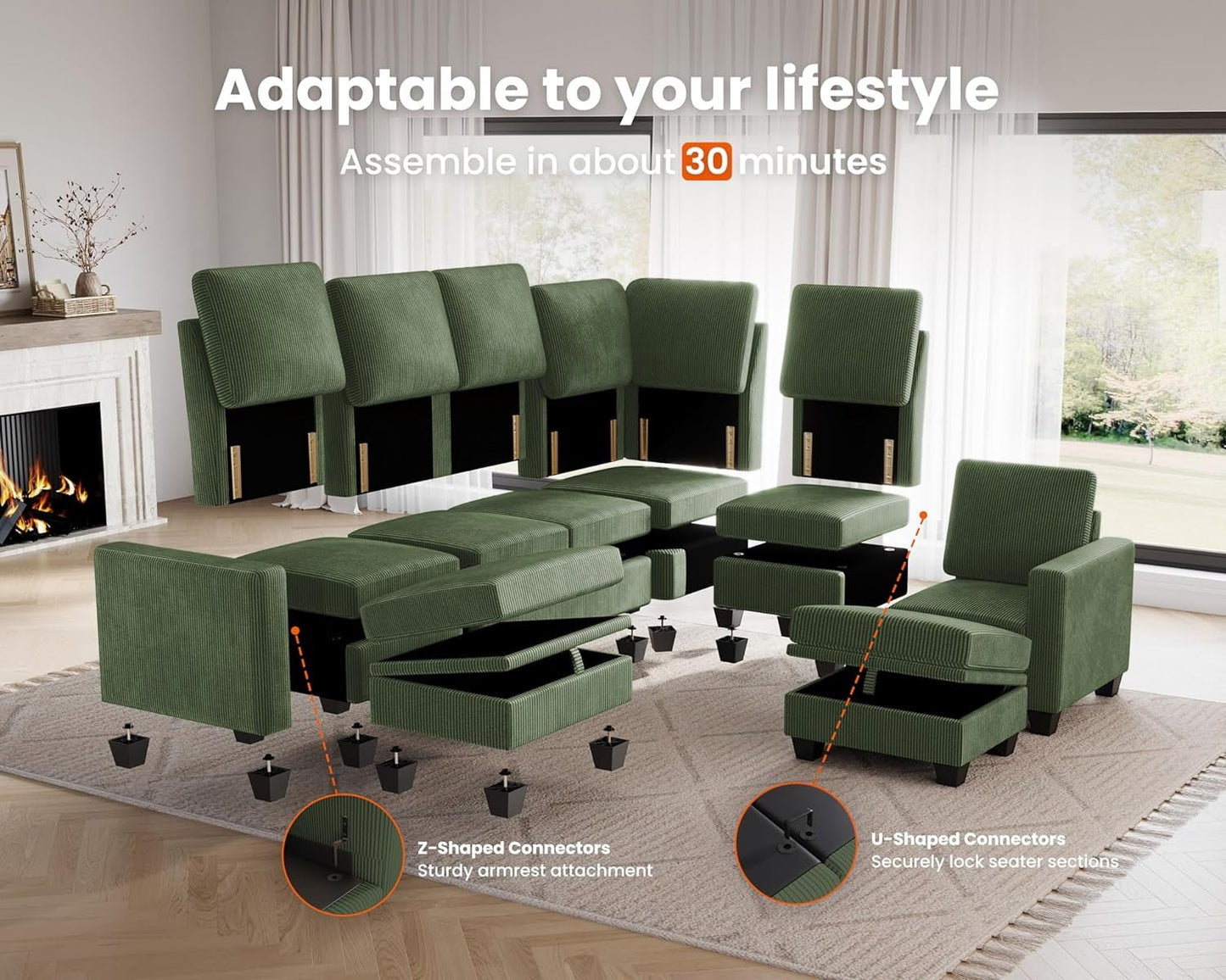 Corduroy Modular L Shaped Couch with Storage Ottoman-4