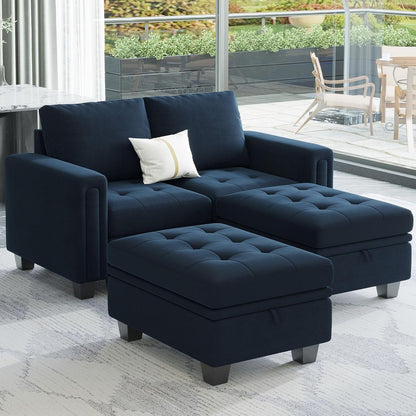 Velvet Modular Sectional Sofa Couch with Storage Convertible Sectional Sleeper Sofa Couch Bed Set with Reversible Chaise Blue-2