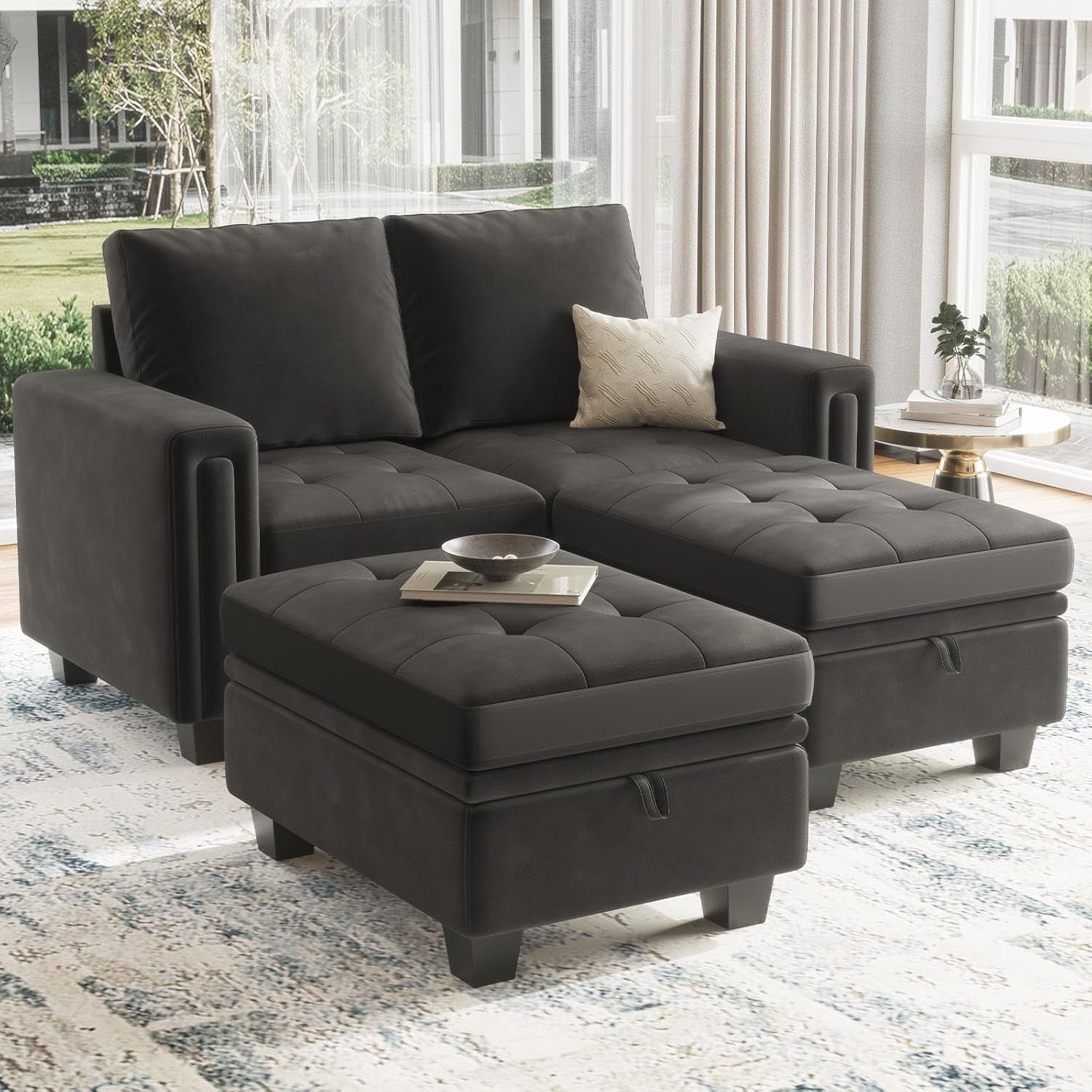 Velvet Modular Sectional Sofa Couch with Storage Convertible Sectional Sleeper Sofa Couch Bed Set with Reversible Chaise Grey-2