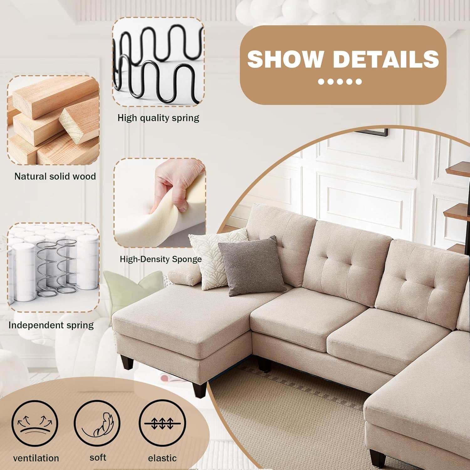 Modern U Shaped Sectional Couch With Double Chaise-4