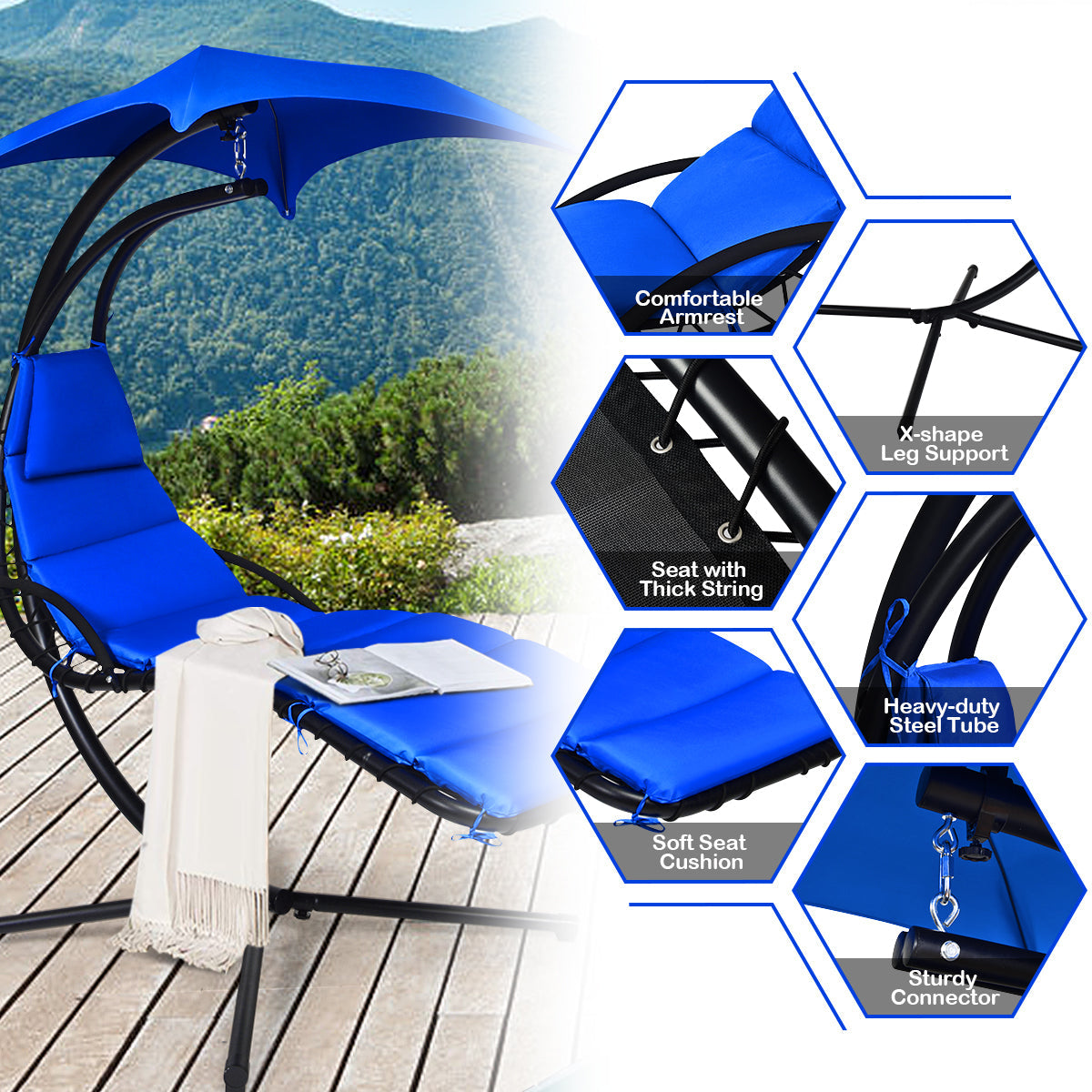 NNECW Hanging Lounger Chair with Canopy &amp; Cushion Built-in Pillow-Navy-2