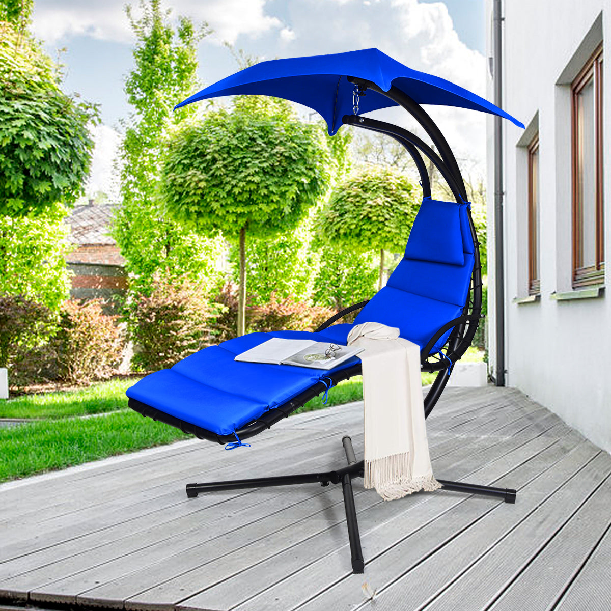 NNECW Hanging Lounger Chair with Canopy &amp; Cushion Built-in Pillow-Navy-0