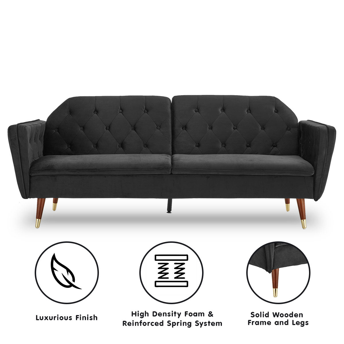 NNEDPE Sarantino Faux Velvet Tufted Sofa Bed Couch Futon - Black-1